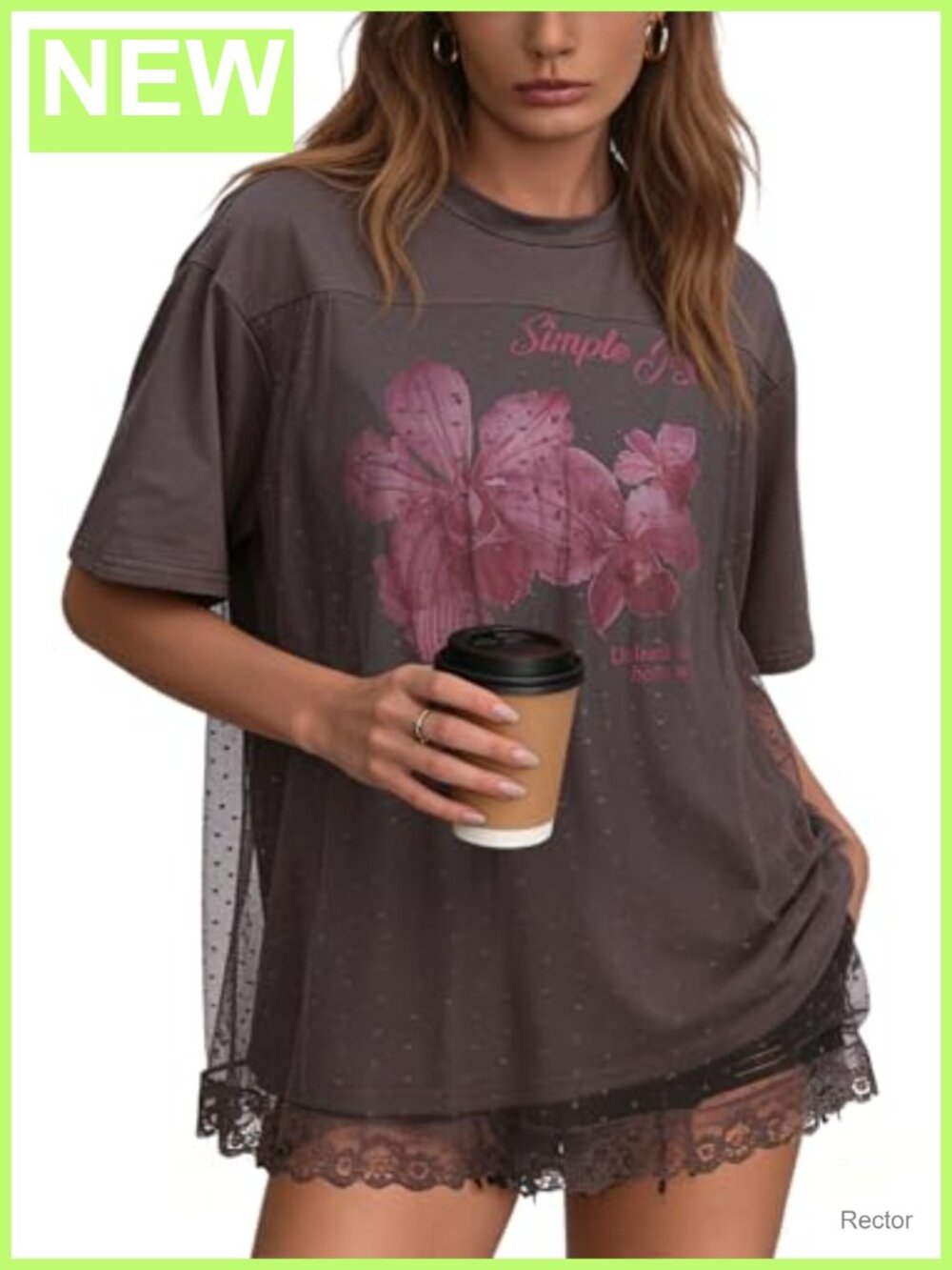 Oversized Graphic Tee Lace Tulle Trim Short Sleeve Crew Neck Womens T-Shirt